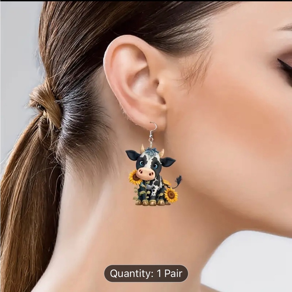 Cow and Sunflower Arylic Dangle Earrings - Picture 3 of 6